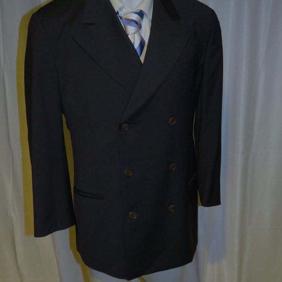 Romeo Gigli Vintage Solid Blue Peak Lapel Double Breasted Suit Jacket 40R - Picture 6 of 11